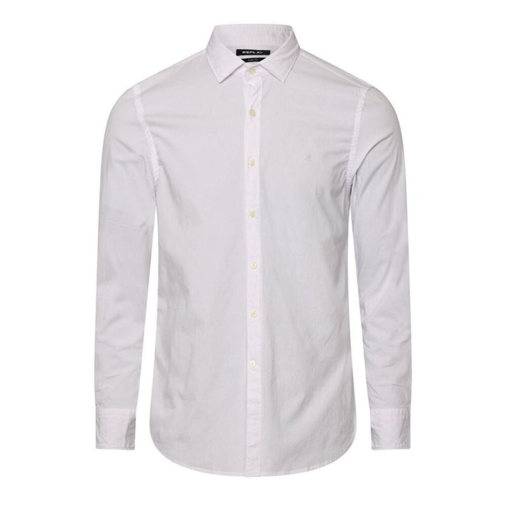 Replay Mens Slim Long-Sleeved Button-Down Shirt / White